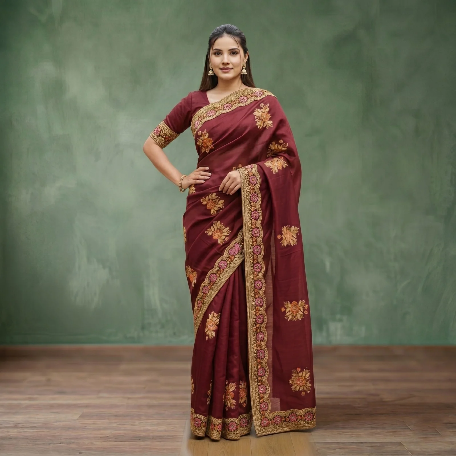 Premium Embroidery Semi Moslin Sharee