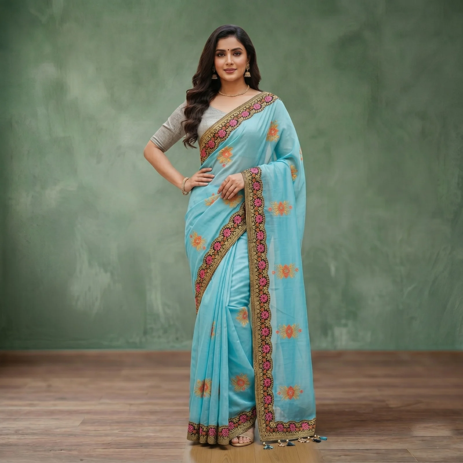 Premium Embroidery Semi Moslin Sharee