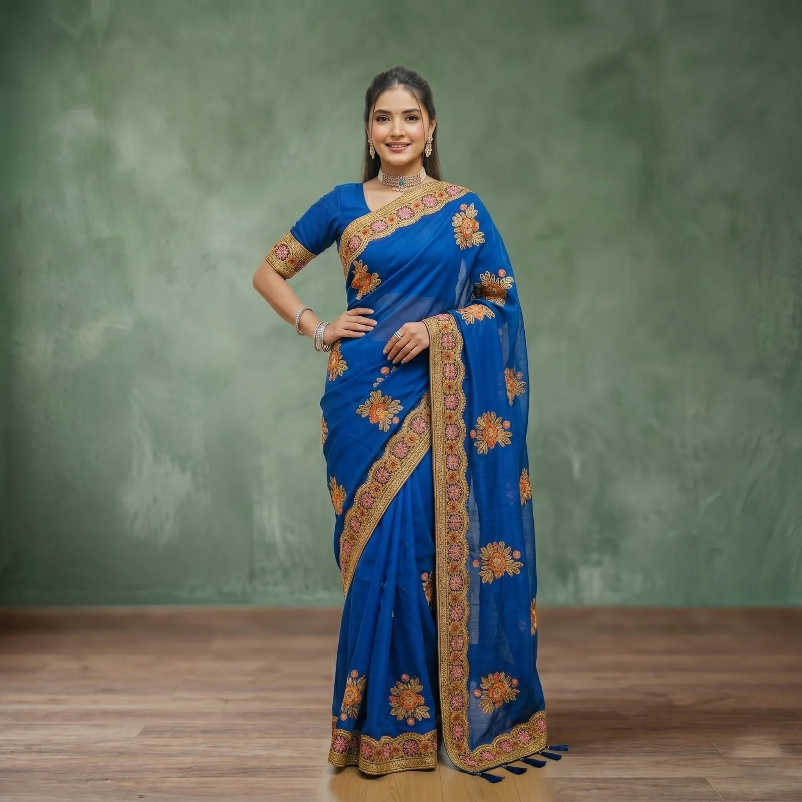 Premium Embroidery Semi Moslin Sharee
